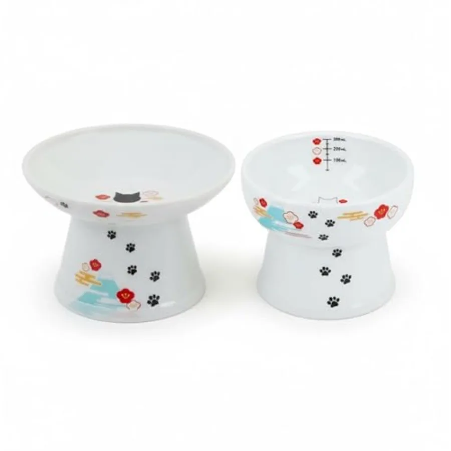 

Necoichi Raised Cat Food and Water Bowl - Ceramic Elevated cat Bowls for Whisker and Neck Fatigue Non-Slip Anti Vomiting Ergono