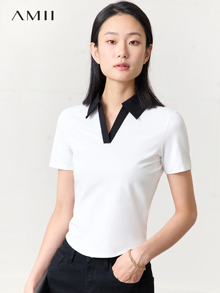 

AMII Minimalism 2023 Summer New Turndown Collar T Shirt for Women Short Sleeves Slim Solid Black Casual Female Tees 12342536