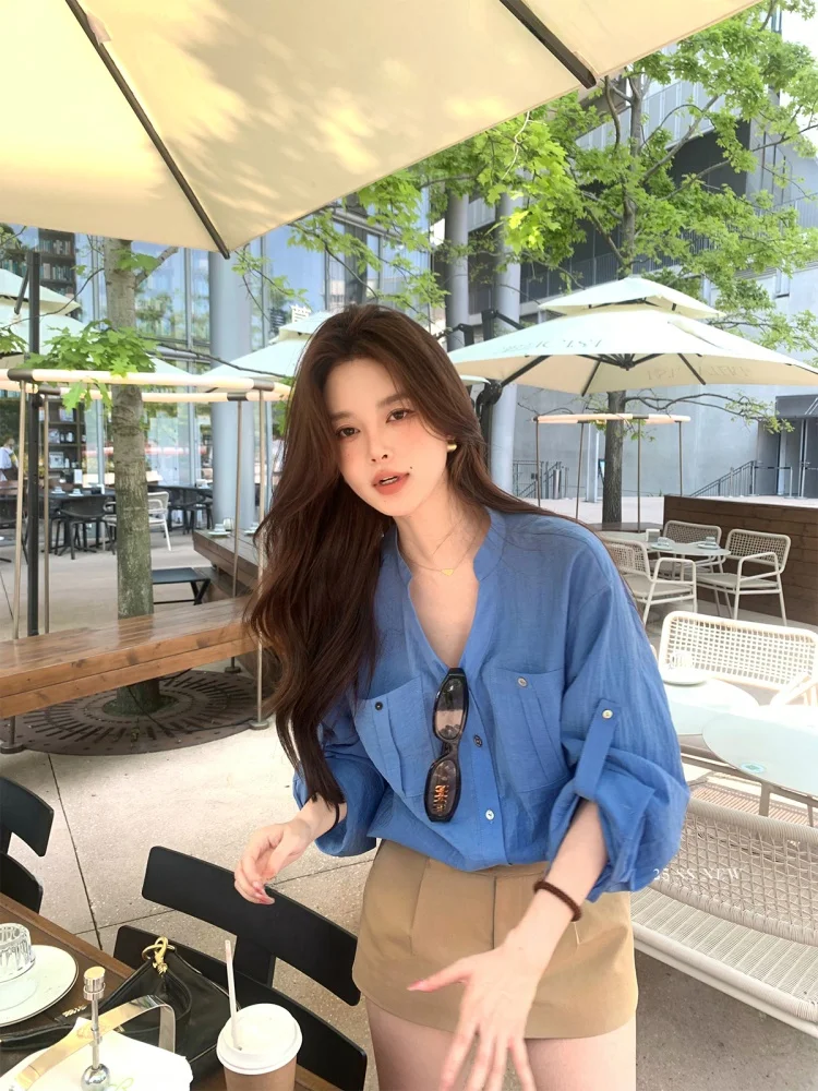 

Florr Playa Linen Loose Fit irt Women's Summer Thin Top Breathable V-Ne Long Sve Casual irt Airy Ele Sle