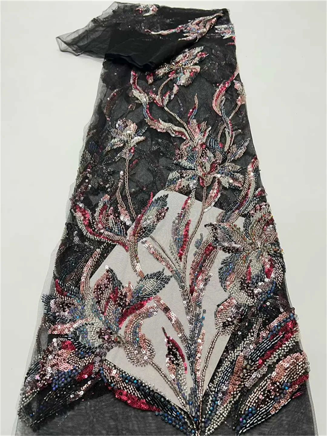 

African Lace Fabric 2026 High Quality 5 Yards Beaded Lace Fabric Luxury Nigerian Sequence Lace Fabric For Evening Dress Sewing