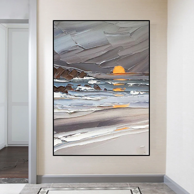 Abstract Sunrise Landscape Oil Paintings on Canvas Original Housewarming Seascape Large Oil Paintings Living Room Wall Art Decor