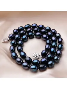 YWYC 8 9mm 11 12mm Black Rice Shape Natural Freshwater Pearl Necklaces for Women 925 Sterling Silver Flower Buckle Jewelry Gift