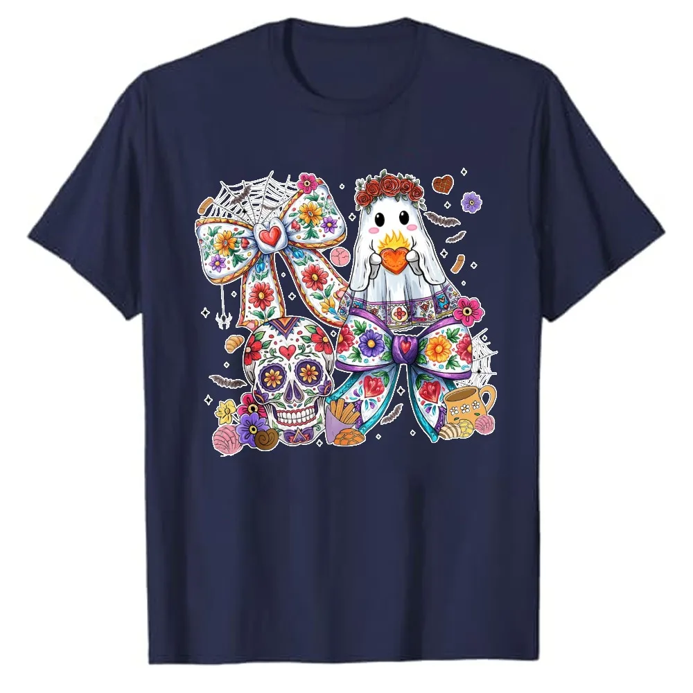 Cute Day of The Dead Ghost T‑Shirt Sugar Skull Floral Bow Burning Heart Mexican Folk Art Flower Crown Coffee Pastry Cotton Tees