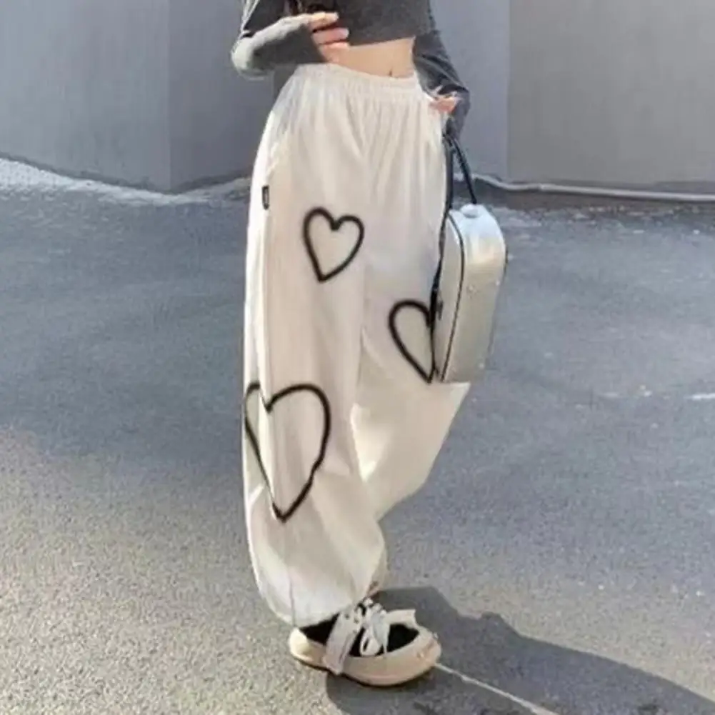 Stretchy High-waist Trousers Women High-waist Pants Heart Print Wide Leg Trousers for Women High Waist Sweatpants Street Style