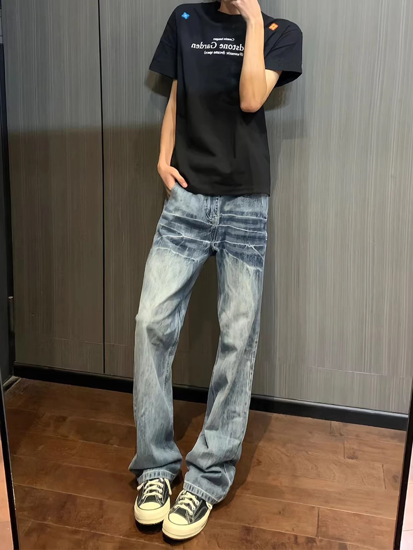 

Waed Blue Lightning Pattern Flared Jeans Men's Cleanfit Straight Leg High Street American Sle Spring Season Casual Jeans