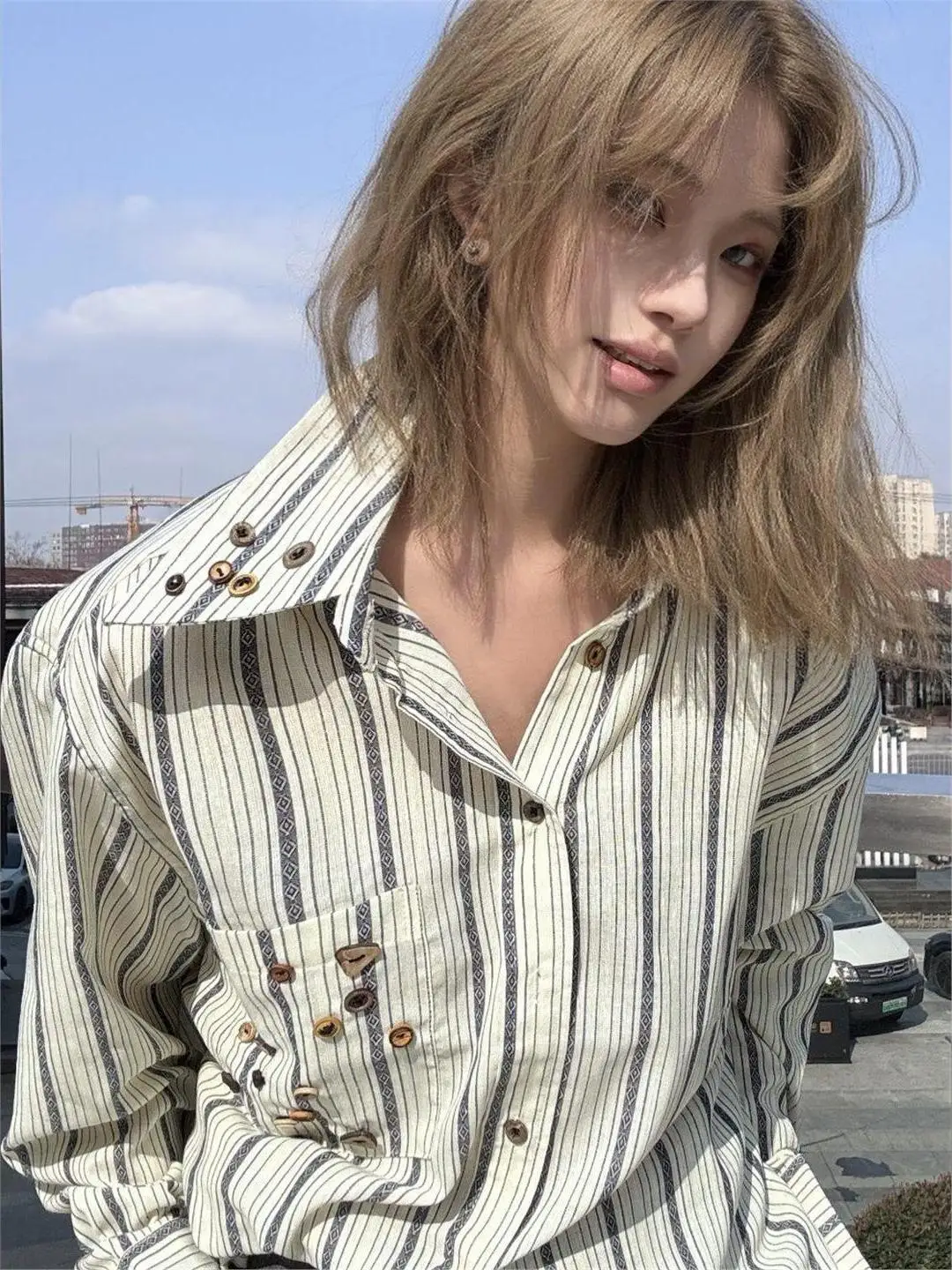 American Style Long Sleeve Shirt Loose Fit Striped Color Block Button down Elegant Casual Men's Women's Diamond Pattern Shirt