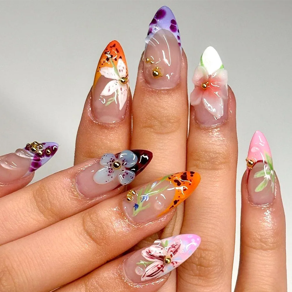 

24PCS 3D Carved Flowers Press on Nails Full Cover Colorful French Sweet Almond Fake Nails for Women Wearable Nail Art with Charm