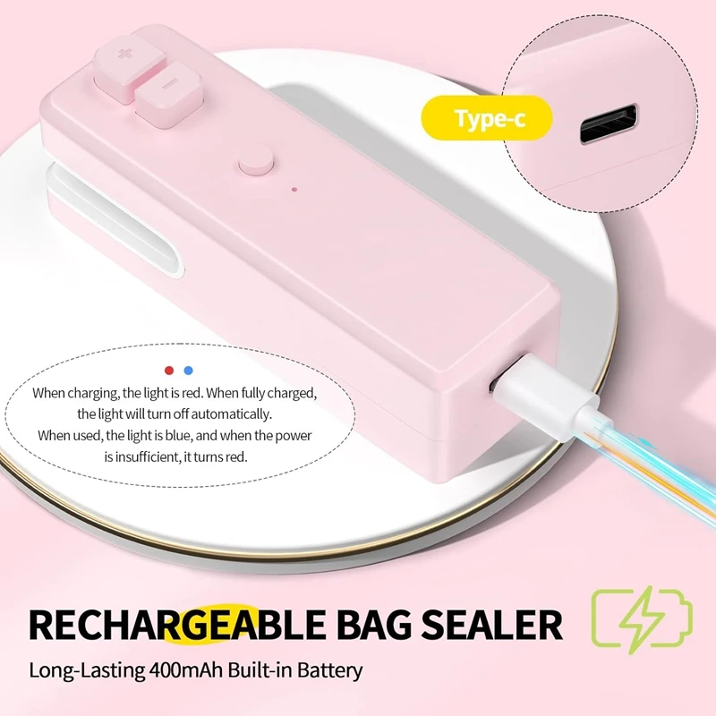 Zak Sealer , 3 In 1 Mini Tas Sealer Heat Seal Met Cutter & Magneet, Oplaadbare Mini Chip Zak Vacuüm Sealer Machine Roze Duurzaam