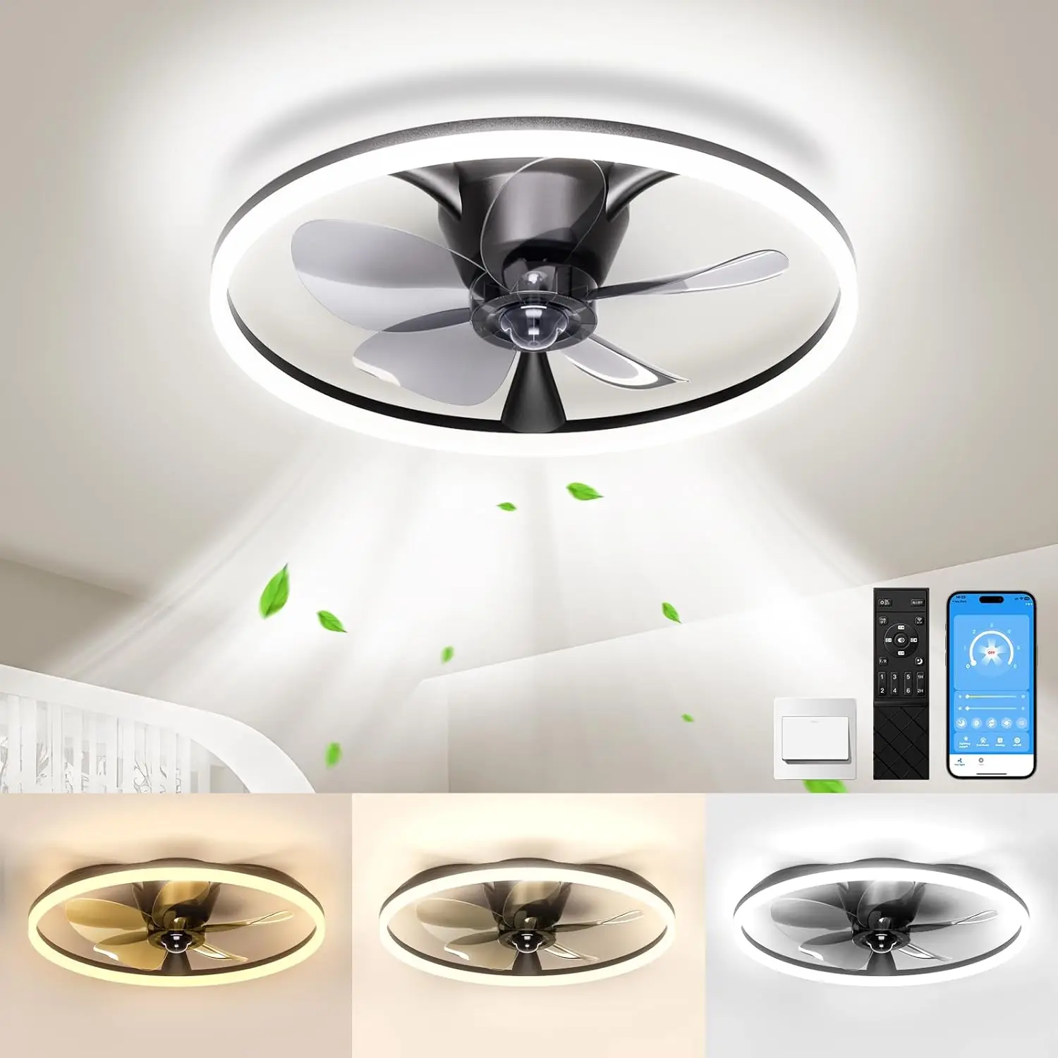 Ceiling Fans With Lights And Remote, 20'' Flush Mount Ceiling Fan Of 150° Ultra Wide, Low Profile Ceiling Fan With 6 Speeds,