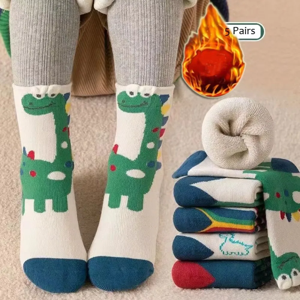 5 Pairs Kids Cartoon Dino Gifts Boys Winter Socks Keep Warm Knitted Thick Cotton Socks 1-13T Children's Calf Warm Socks