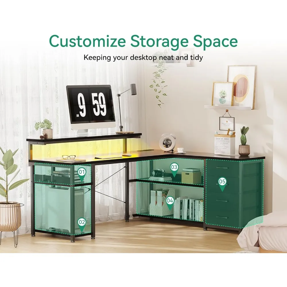 61 "L-shaped Desk with Drawers, Computer Desk with Power Socket and LED Light, Office Desk with Display Rack, Pure Black