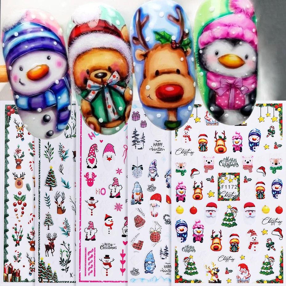 5 stücke Weihnachten Nagel Aufkleber 3D Cartoon Santa Claus Schneemann Elch Weihnachten Baum Nagel Slider Aufkleber DIY Winter Geschenk Maniküre dekoration