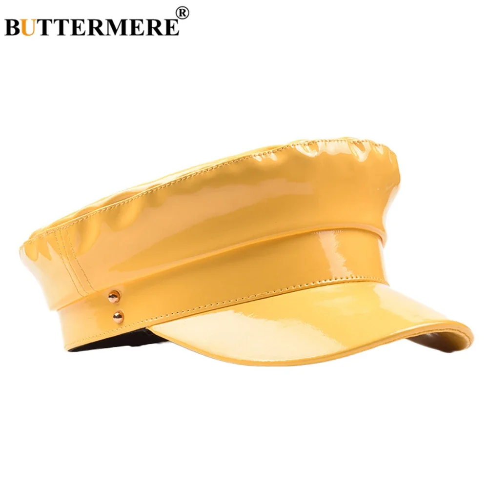 BUTTERMERE Patent Leather Military Hat Women Solid Yellow Fashion Hats Ladies Flat Cap Spring Autumn Female Brand Sailor Hat