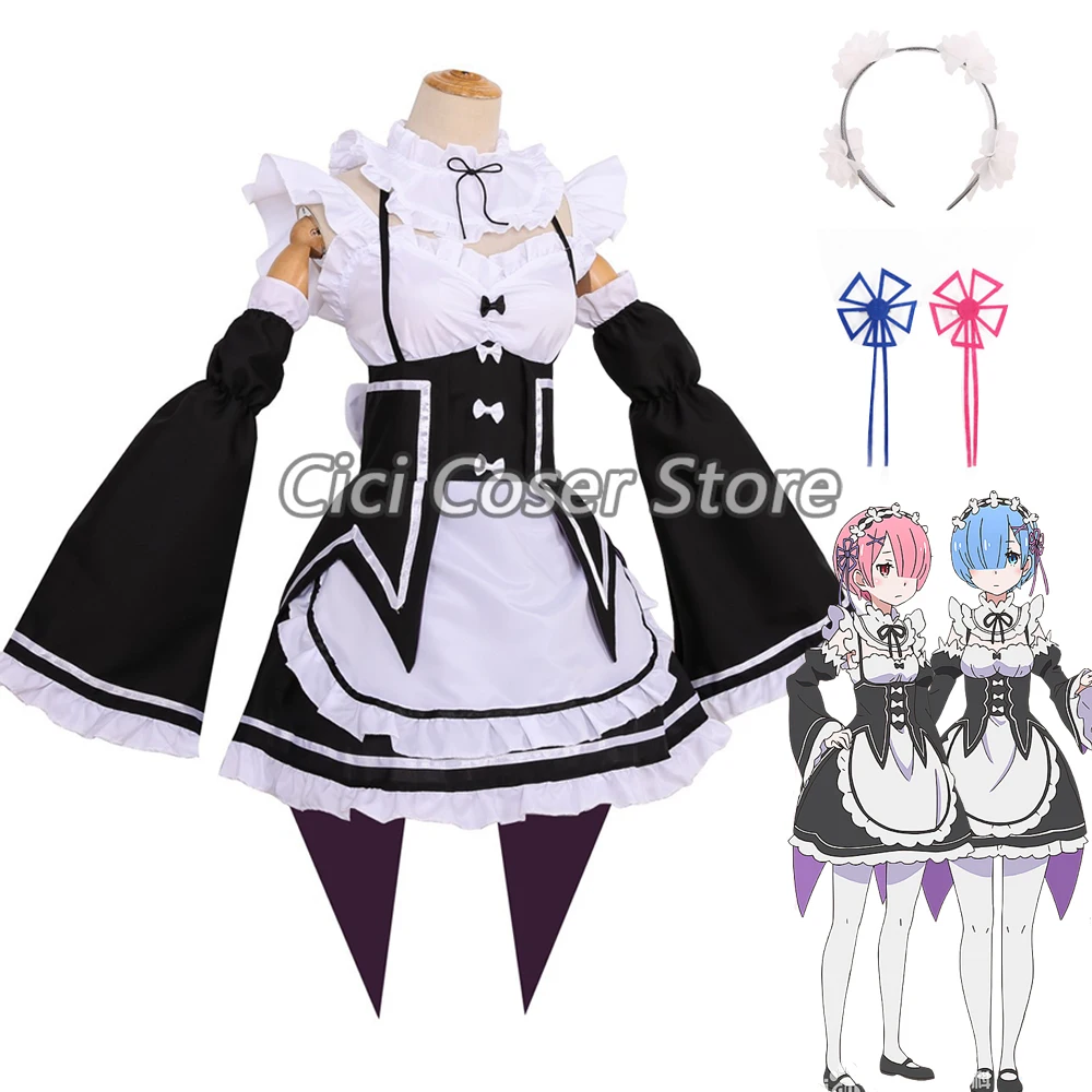 

Anime Ram Rem Cosplay Costume Lovely Lolita Maid Dress Headwear Re:zero Blue Pink Wig Halloween Party Carnival Outfits S-XXXL