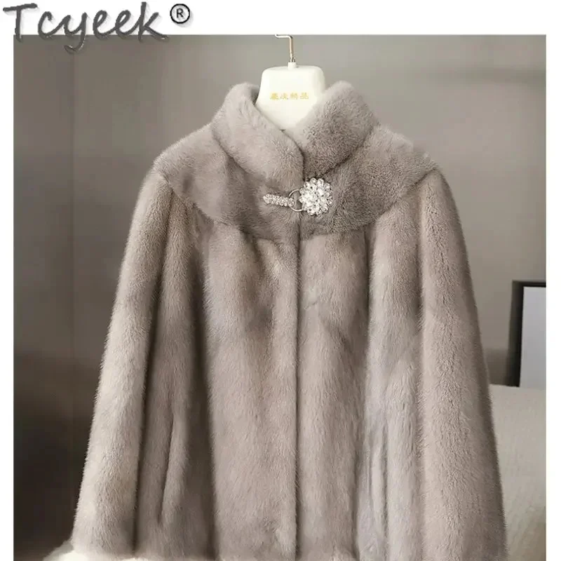 Tcyeek-Casaco de pele de vison natural para mulheres, elegante jaqueta quente, moda high-end, roupas femininas, inverno, LM, 2024