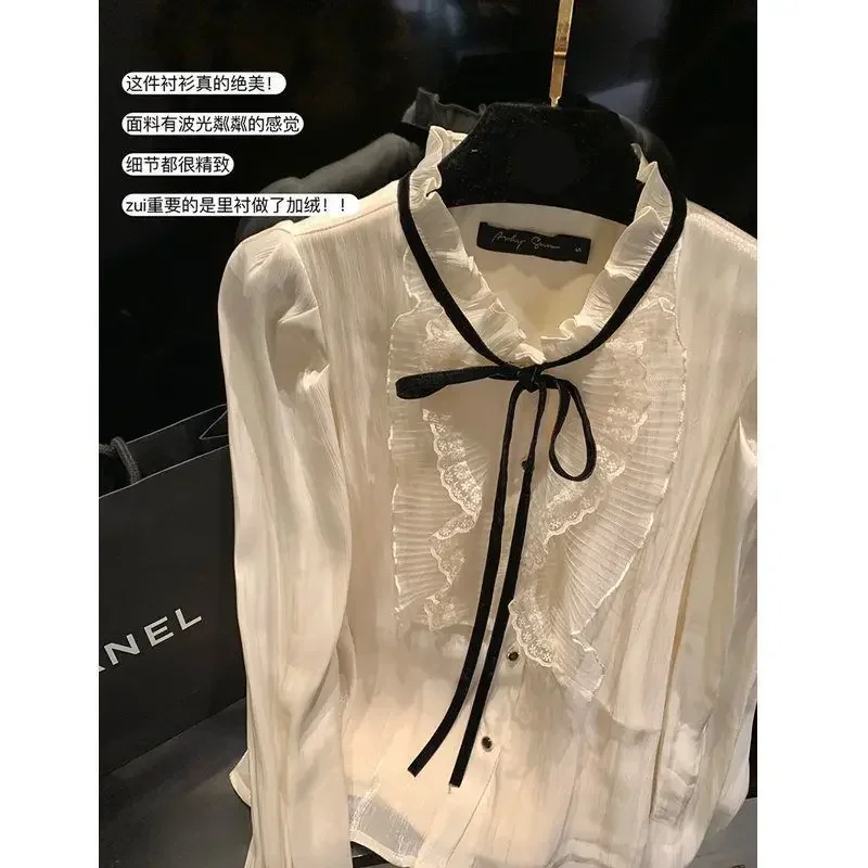 Women Spring Autumn Style Chiffon Blouses Shirts Lady Casual Long Sleeve Bow Tie Collar Solid Color Blusas Tops 2024 Ladies S35