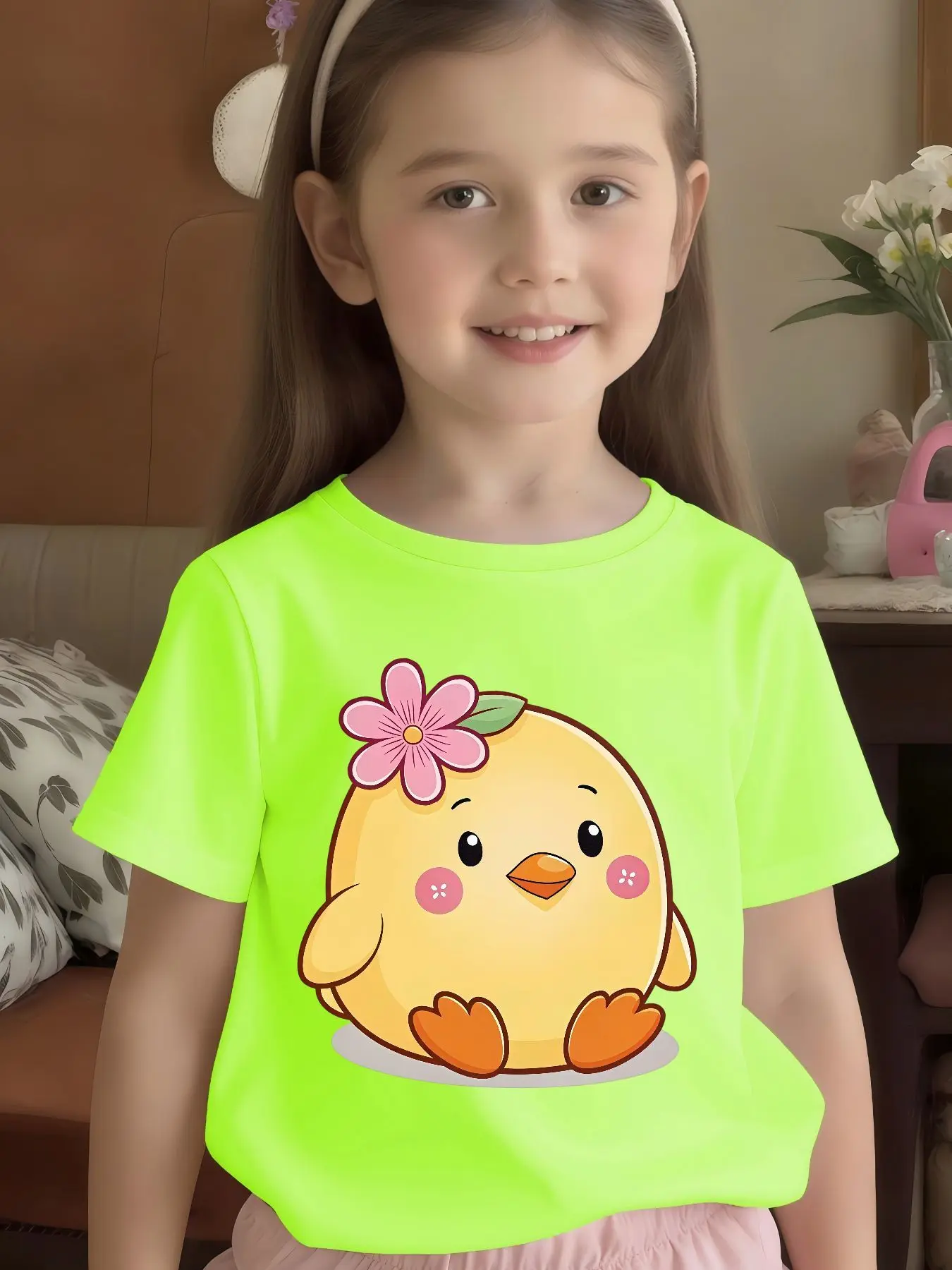 Cute Flower Little Chick Cartoon Print Kid T Shirt Boys Girls Family Match Cotton Short Sleeve Summer Children Casual Basic Wear