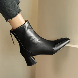 2024 New Women Basic Ankle Boots Thick High Heeled Short Fashion Boots Warm Zipper Elegant Square Toe Warm Autumn Winter Shoe