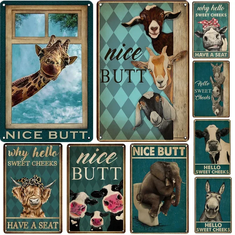 Pasture Animal Poster Metal Tin Sign Vintage Zoo Funny Bathroom Donkey Giraffe Plate Black Plaque Cat Toilet Wall Decor Bar Home