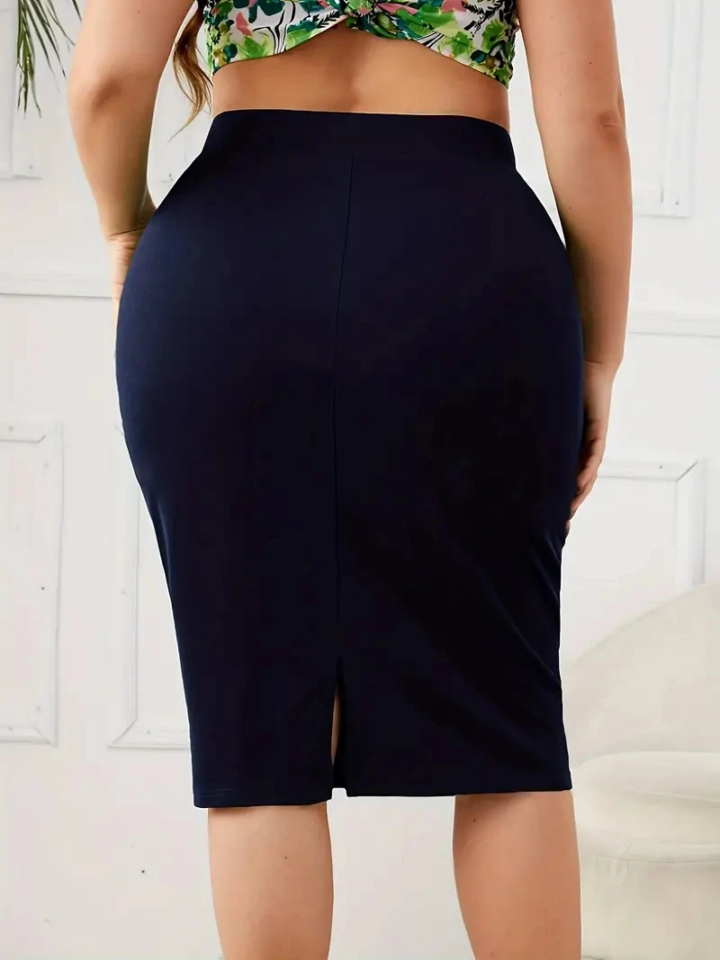 2024 Summer Plus Size Solid Slim Skirt, Casual High Waist Slit Skirt, Women\'s Plus SizeClothing