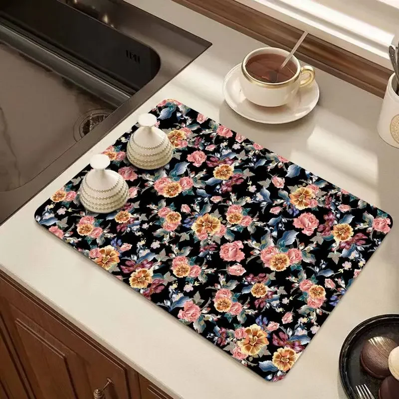 Quick Dry Dish Drying Mat Flower Rubber Tableware Draining Pads Rug Kitchen Dinnerware Placemat Super Absorbent Coffee Drain Pad