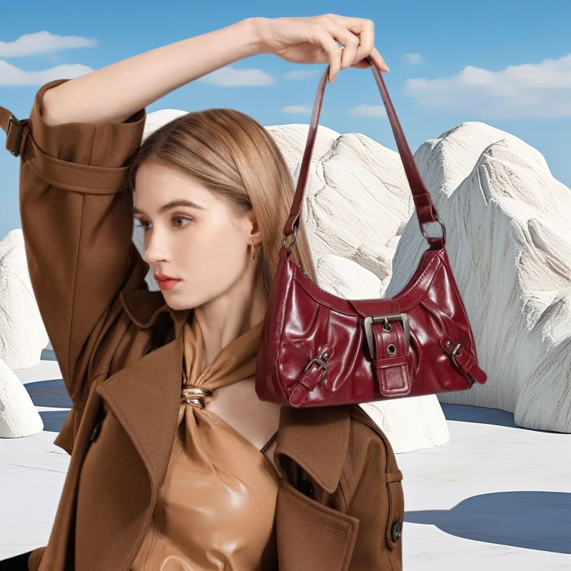 

Женская сумка через плечо в стиле Y2K, ретро-сумка с плиссировкой и заклепками, модная кожаная сумка-кроссбоди.