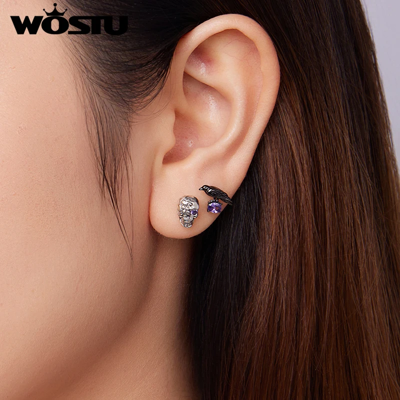 WOSTU 925 Sterling Silver Ghost Stud Earrings Skull/Spider/Crow /Hand Dark for Women Girl Halloween Party Fine Jewelry Gift view 2