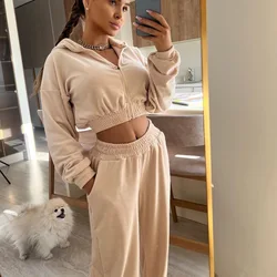 Two Piece Pant Sets Women Hooded Zipper Thick Short Sweatshirt Coats Pockets Full Sleeve Crap Top Elastic Waist Pants Suits