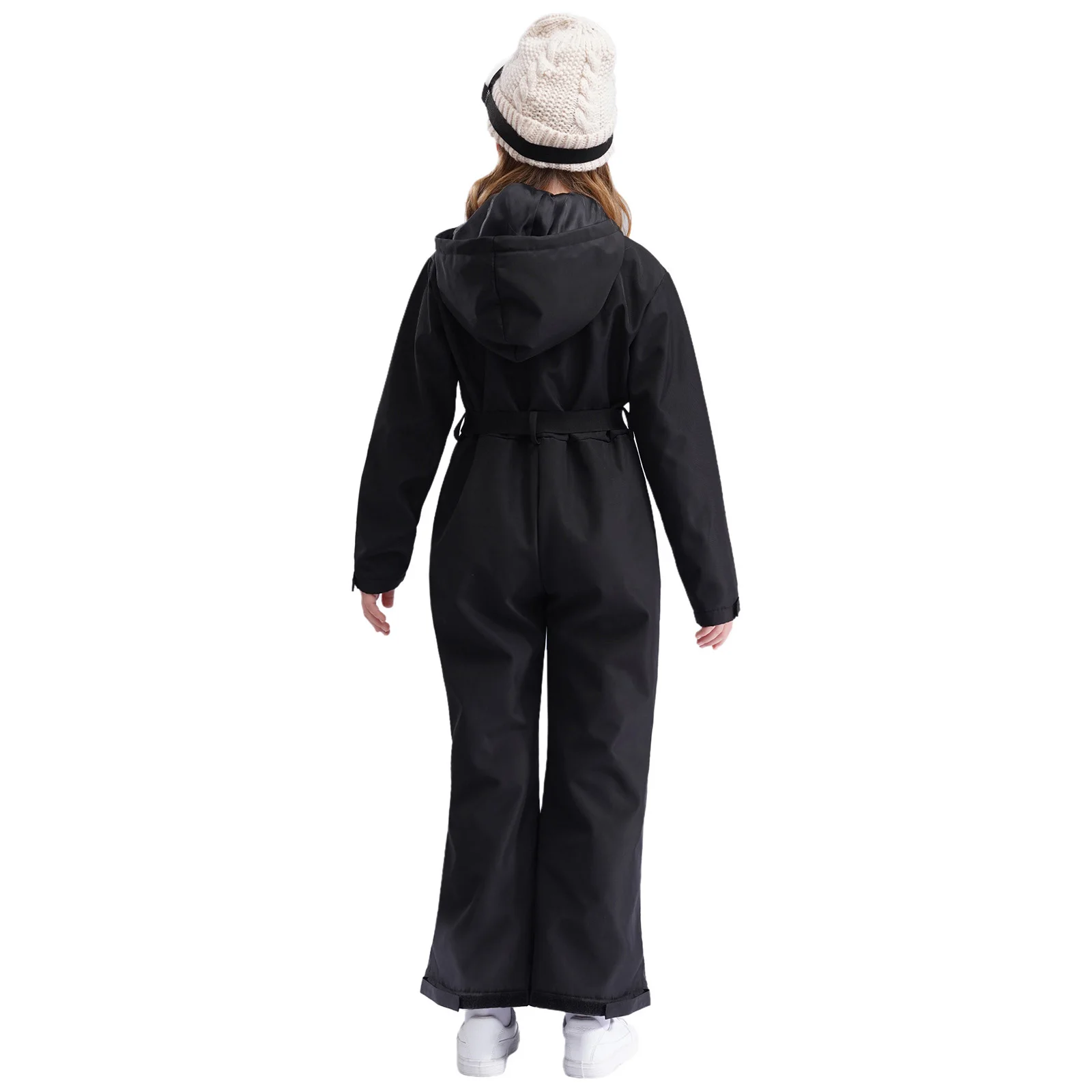 Kids Girls Hooded Ski Jumpsuit Long Sleeve Zipper Color Block Bodysuit with Belt Skating Snowboarding Climbing Overalls Playsuit