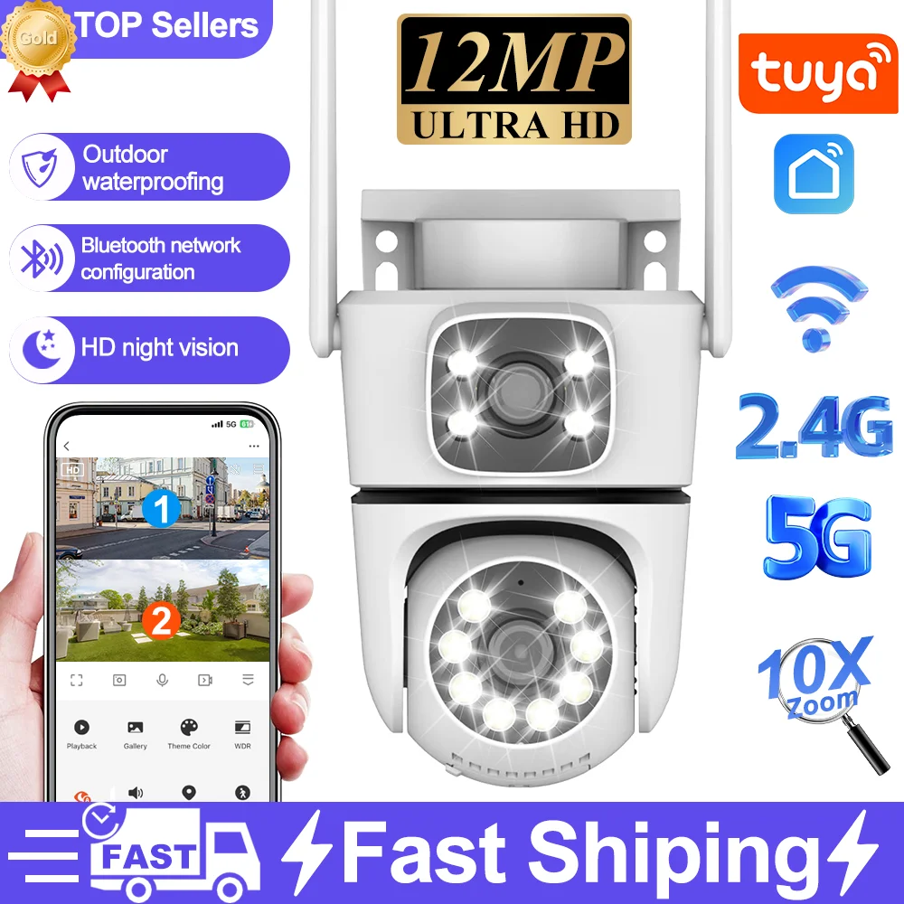 Tuya Dual Lens 5G Wifi IP Camera PTZ Outdoor Waterproof Dual Screen Home Security Protection Color Night Vision Surveillance Cam