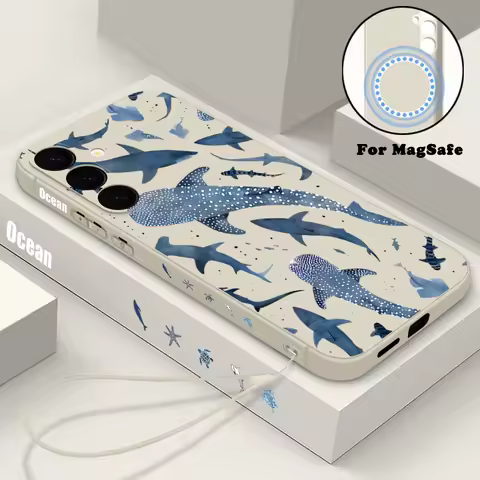 Whale Phone Case For Samsung Galaxy S24 FE S25 S24 S23 S22 Ultra S21 Plus For Magsafe Wireless Charge Magnetic TPU Lanyard Cover