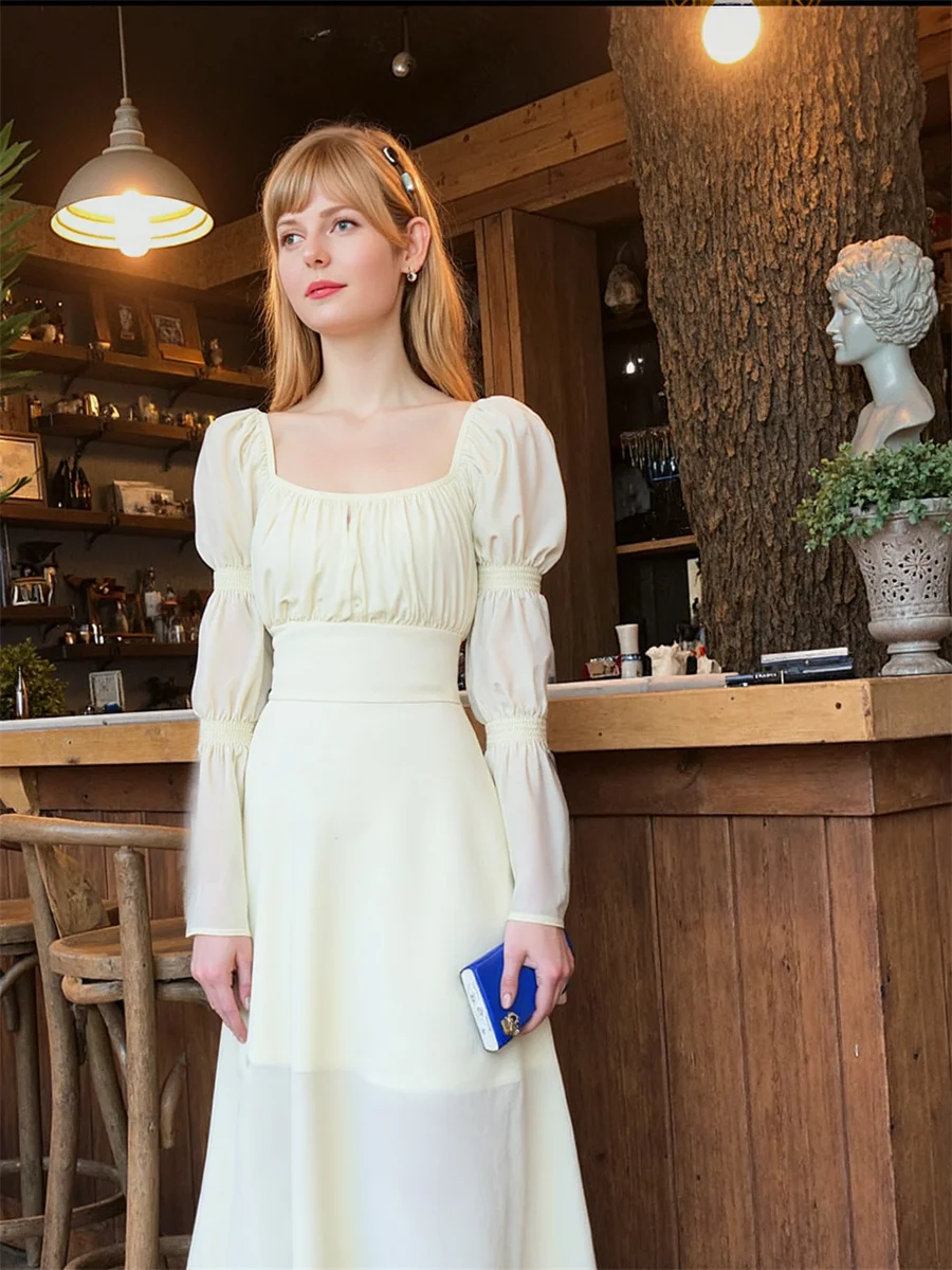 女性用ドレス 女性用 パーティー エレガント スクエアカラー フォールド フリル フリル ボウタイアップ ドローストリング ソフト ヴィンテージ ボヘミアン ロマンチック