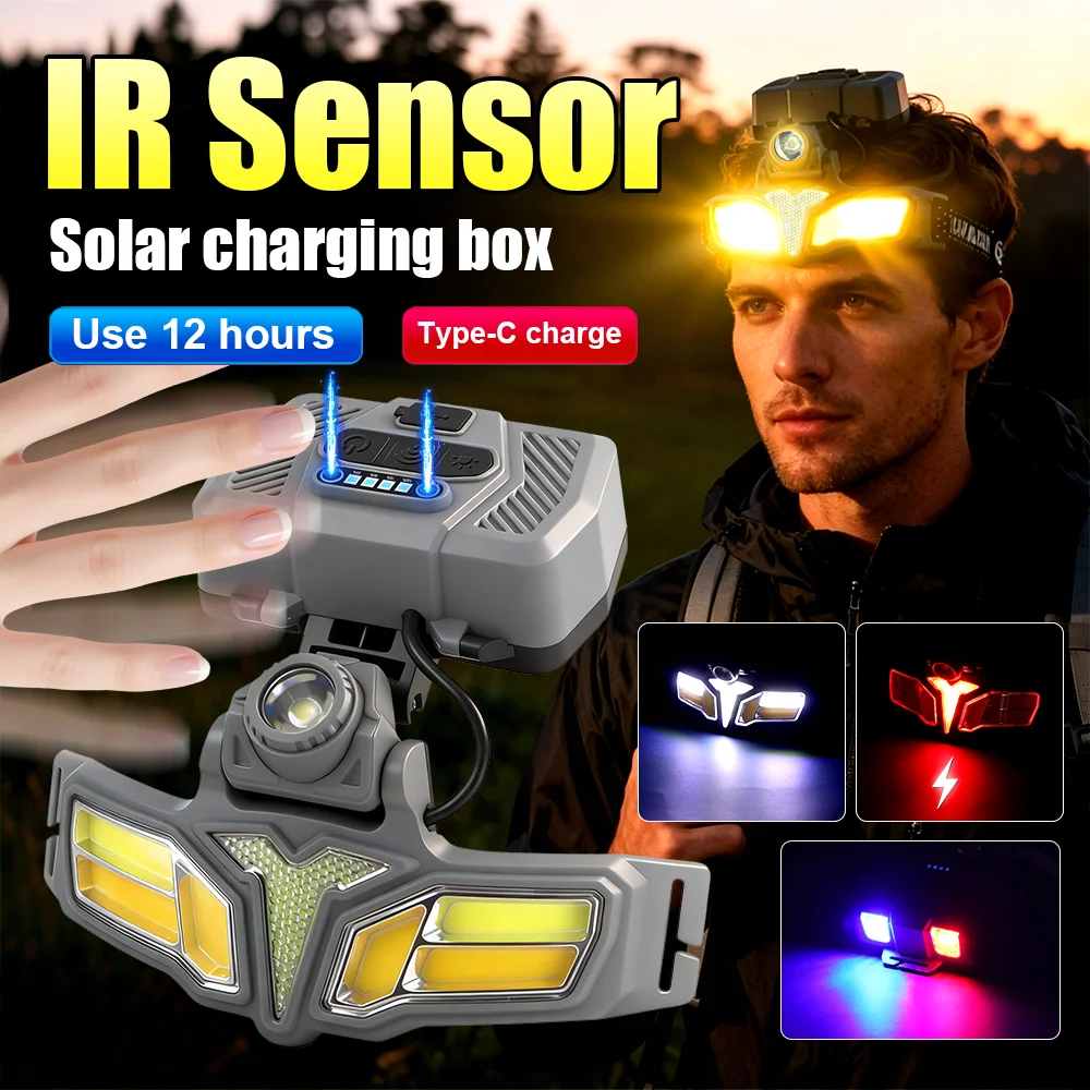 Linterna Frontal LED Recargable Solar con Sensor IR, Batería 18650 de Alta Potencia, Luz para Gorra, Pesca, Camping, Linterna Frontal LED