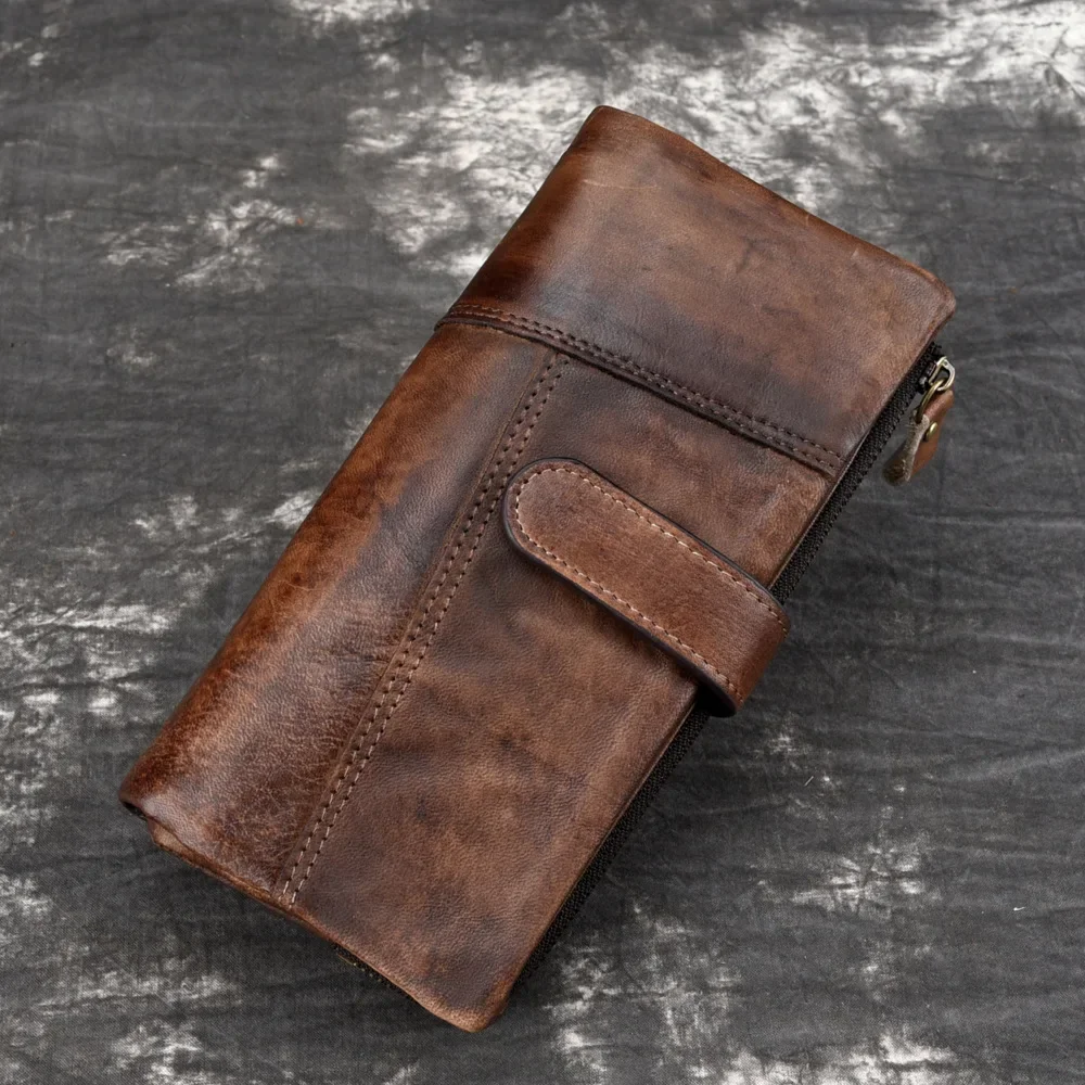 

Retro brushed cowhide fashion stitching long leather wallet with casual multi card leather for men's RIFD wallet