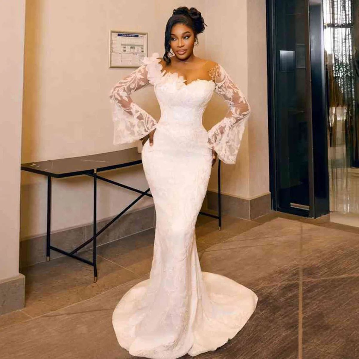 

Customized Applique Mermaid Strapless Wedding Dresses Long Sleeve Luxury Applique Bridal Low Back Pearl Vestidos De Novia