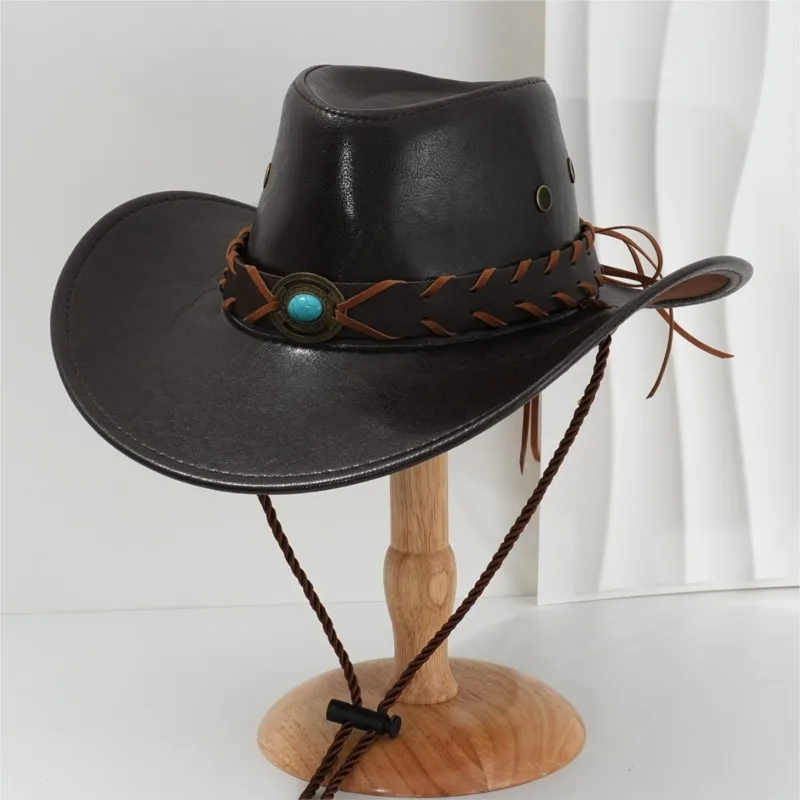 Dark brown leather hat woven windproof rope wide-brimmed motorcycle personalized outdoor style
