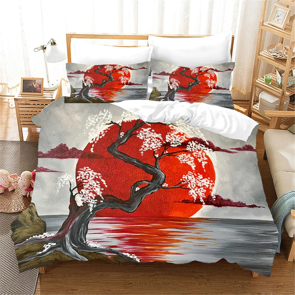 Japanese Ocean Wave Plum Blossoms and Sun Design 3PCS Bedding Sets Single Double Bed Duvet Cover Set and 2 pcs Pillow cover