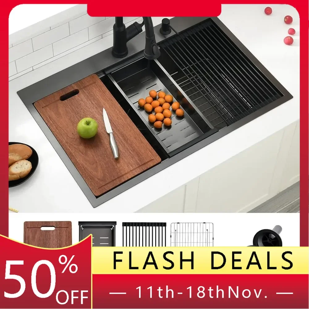 33x22 Black Stainless Steel Drop in Kitchen Sink, 33 Inch 16Gauge Drop in Black Stainless Steel Kitchen Sinks