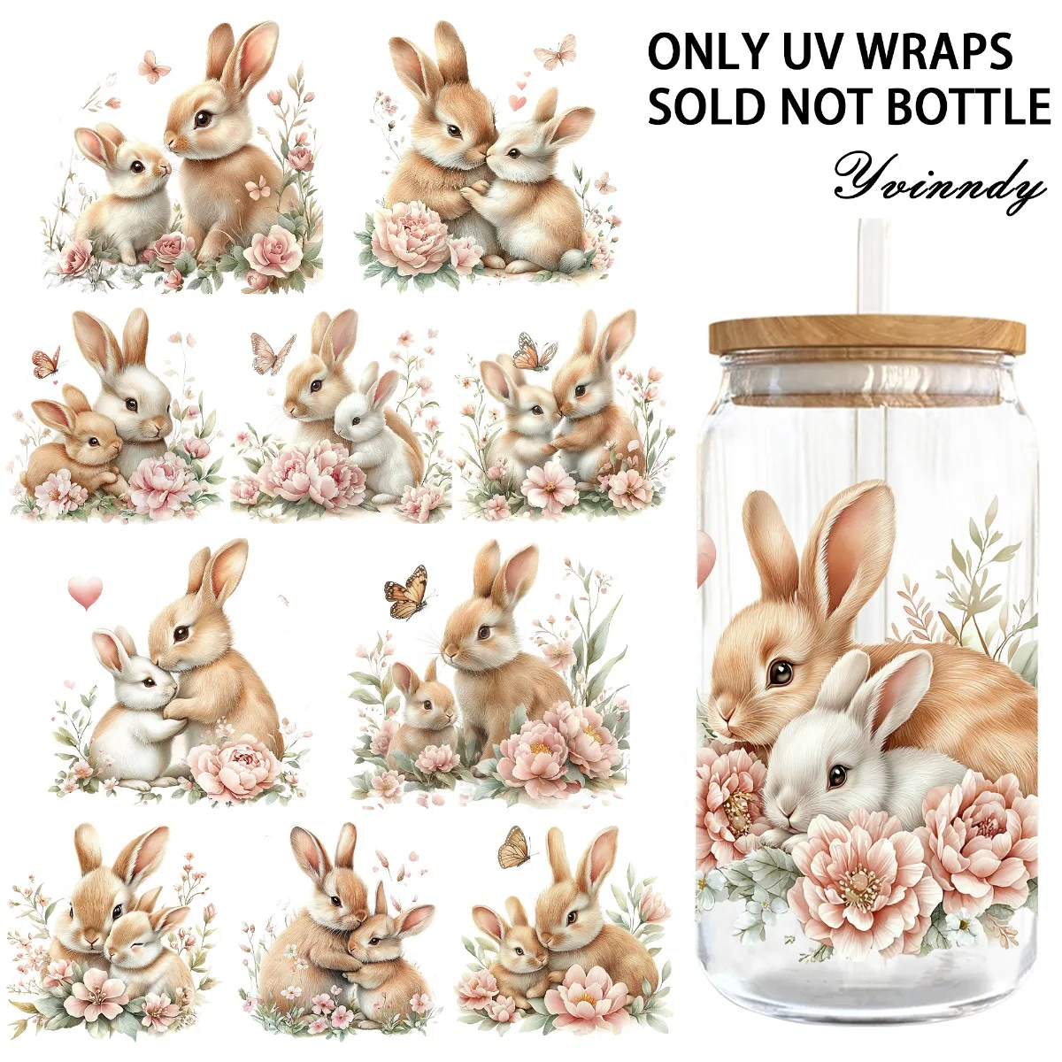 5PCS/SETFlower Rabbit UV DTF DIY 16OZ Transferaufkleber für DIY-Becher (nur der Transferaufkleber ist im Lieferumfang enthalten)