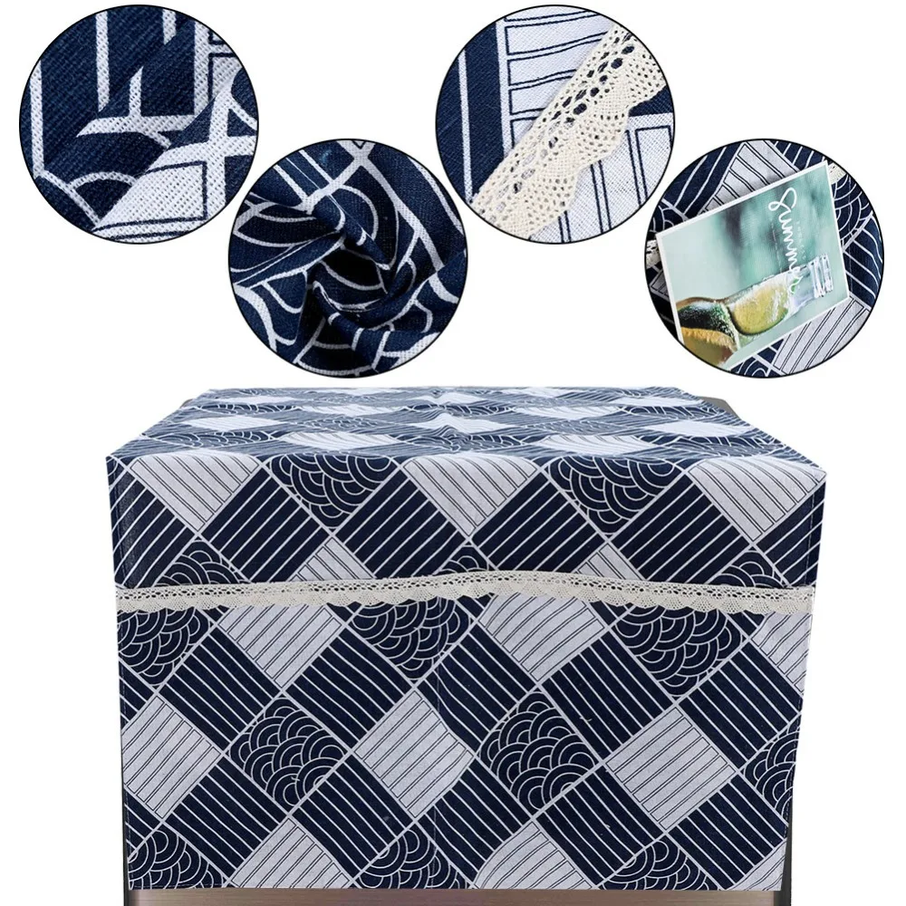 Cotton linen Fridge Dust Proof Cover Blue and White Convenient Washing Machine Top Cover with Storage Pocket