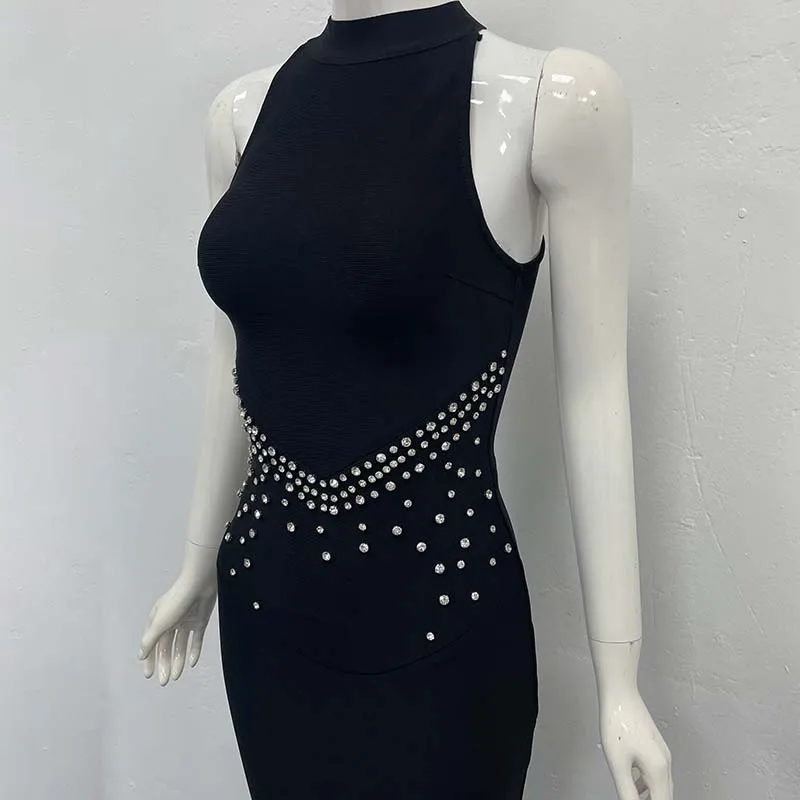 ชุดเดรสยาวทรงเมอร์เมดสีดำหรูหรา ประดับเพชร แขนกุด เซ็กซี่ สำหรับผู้หญิง ชุดราตรีออกงานพรมแดงแบบดารา