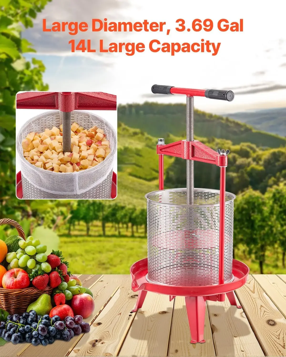 3.69 Gal/14L Fruit Press, Stainless Steel Basket with Cross-beam and Triangular Structure, Manual Juice Maker, Cider Apple Grape