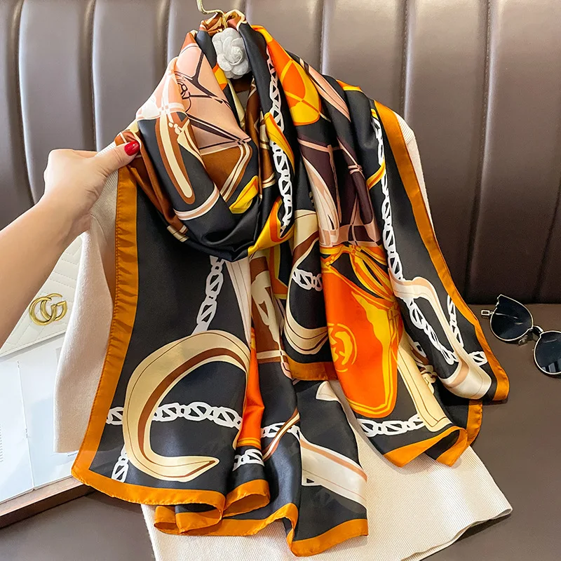 Spain Fashion Brand Women Silk Scarf Luxury Floral Stain Pashmina Shawls and Wraps Foulard Femme Bufandas Beach Hijab 180*90Cm