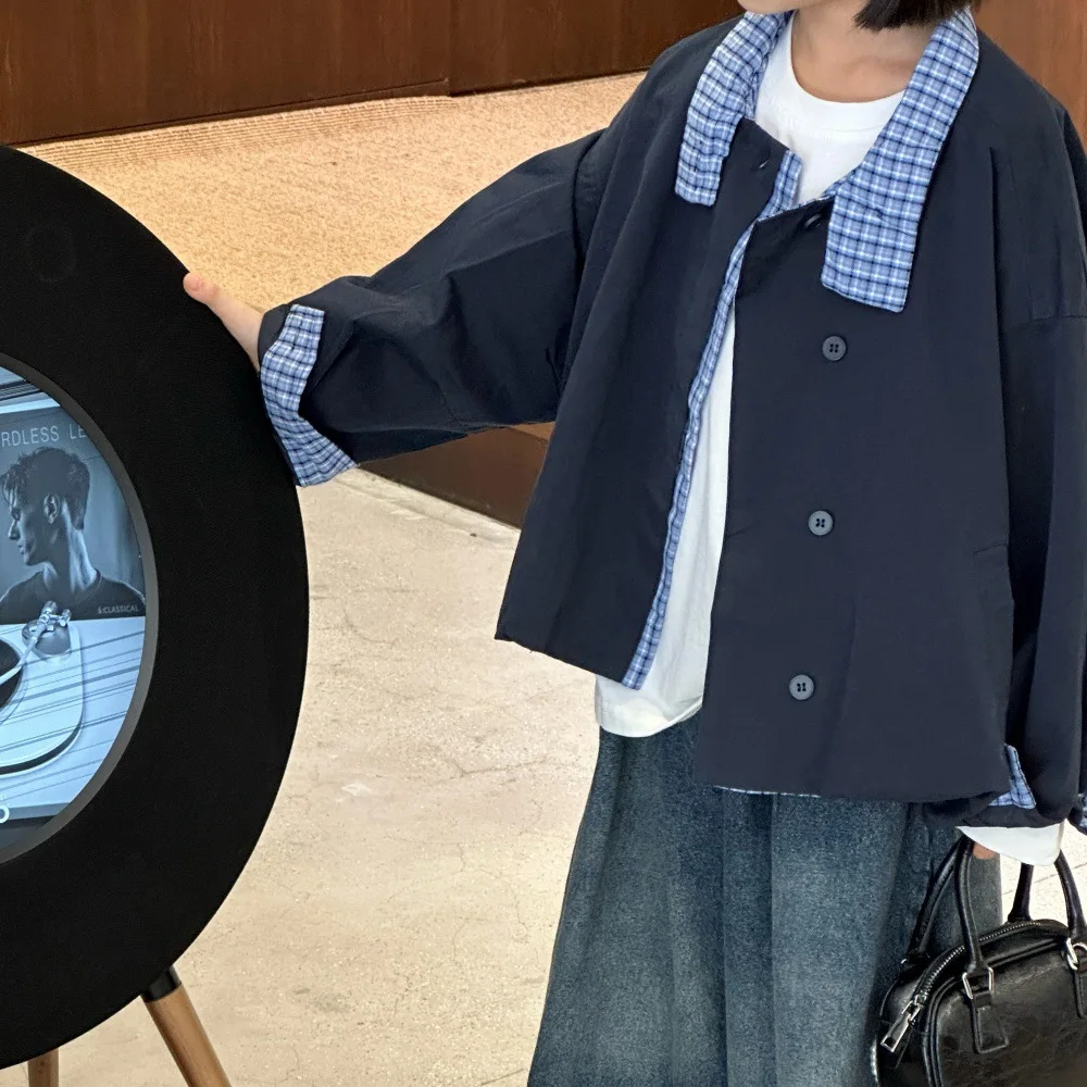 

Autumn 2025 Loose Patchwork Plaid Jacket New Top Stand Up Collar Versatile Jacket Casual Top