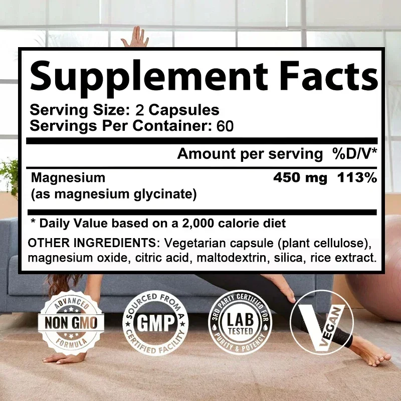 Magnesium Glycinate, Muscle & Nerve Health, Enzyme Function, Non-GMO, Vegetarian, Gluten-Free 450 Mg