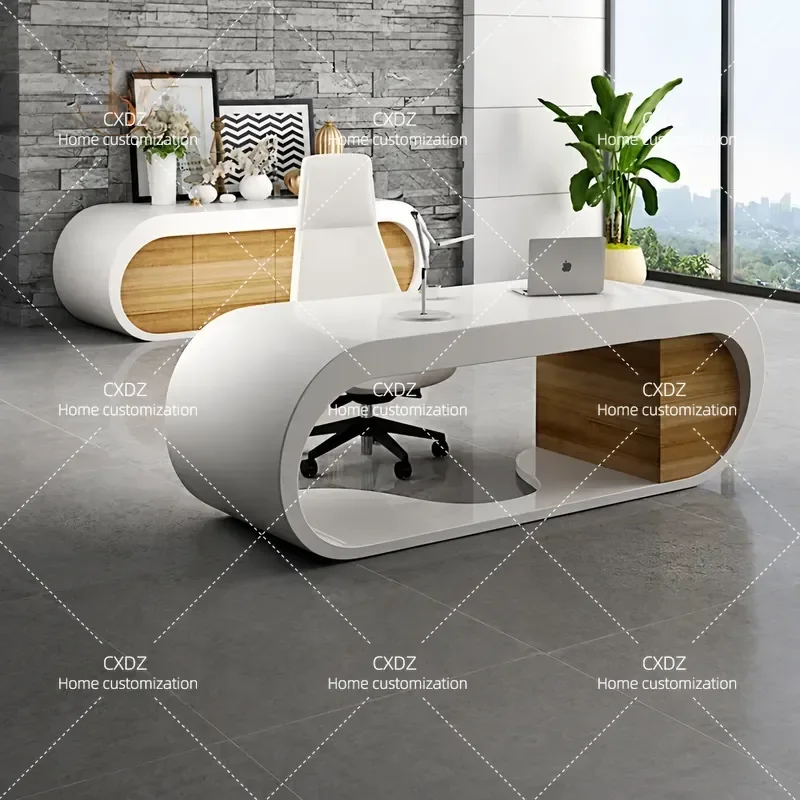 Italian Minimalist Curved Executive Desk and Chair Set Modern Simple Manager Office Table Boss Workstation Furniture