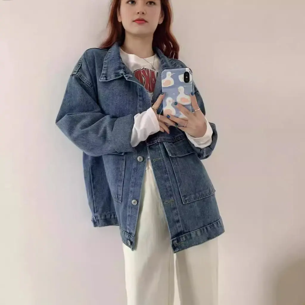 Women's Loose Denim Jacket Korean Style Mid-Length Trendy Elegant Top for Spring Autumn All-Match Student Wear