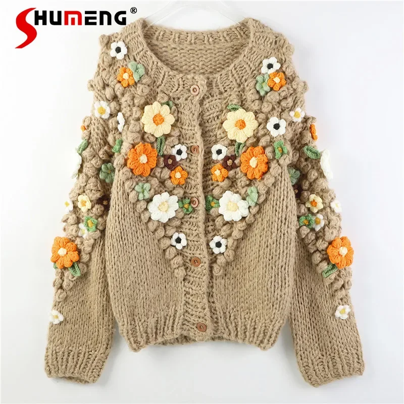 

2023 Autumn New Heavy Industry Crochet Flower Knitted Cardigan Coat for Women Thickened Warm Knitwear Top Ladies Loose Sweater