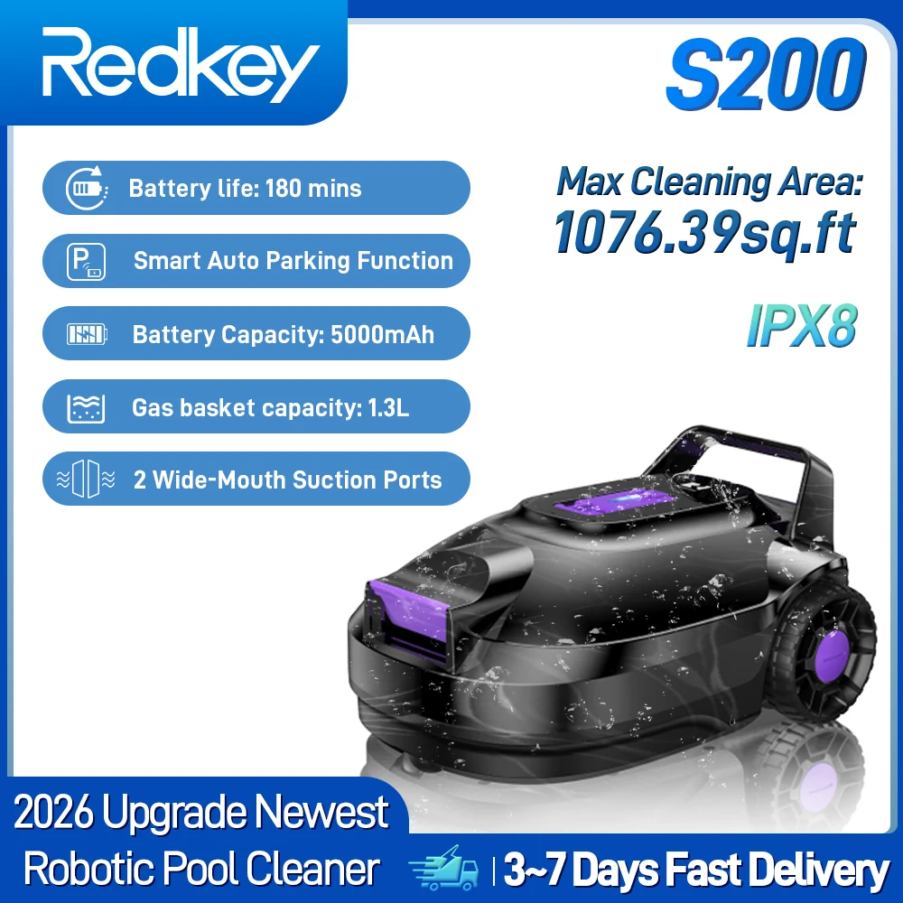 Redkey S2 Cordless Robotic Pool Cleaner 5000mAh Battery 180minMin Working Time IPX8 Waterproof Automatic Pool Vacuum One-Click