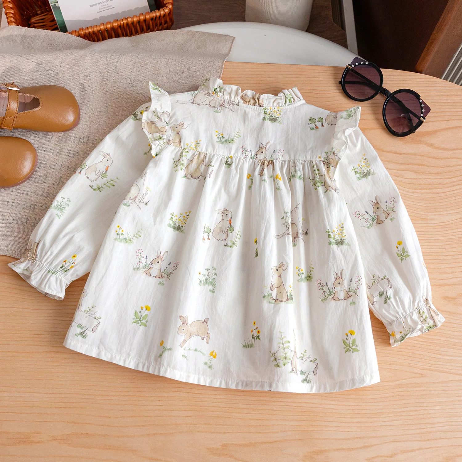 Girls' Floral Shirt 2026 New Spring and Autumn Long Sleeved Stand Up Collar Doll Shirt Sweet Top for Children